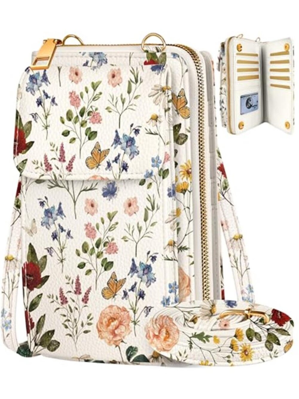 Floral Leather Crossbody Bag Women Cell Phone Purse Card Slots Shoulder Strap